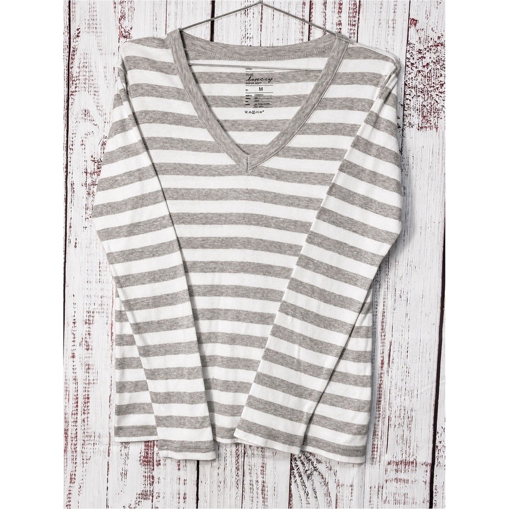 Gap The Bowery Super Soft Striped V Neck Top Gray White Long Sleeve Clean Size M